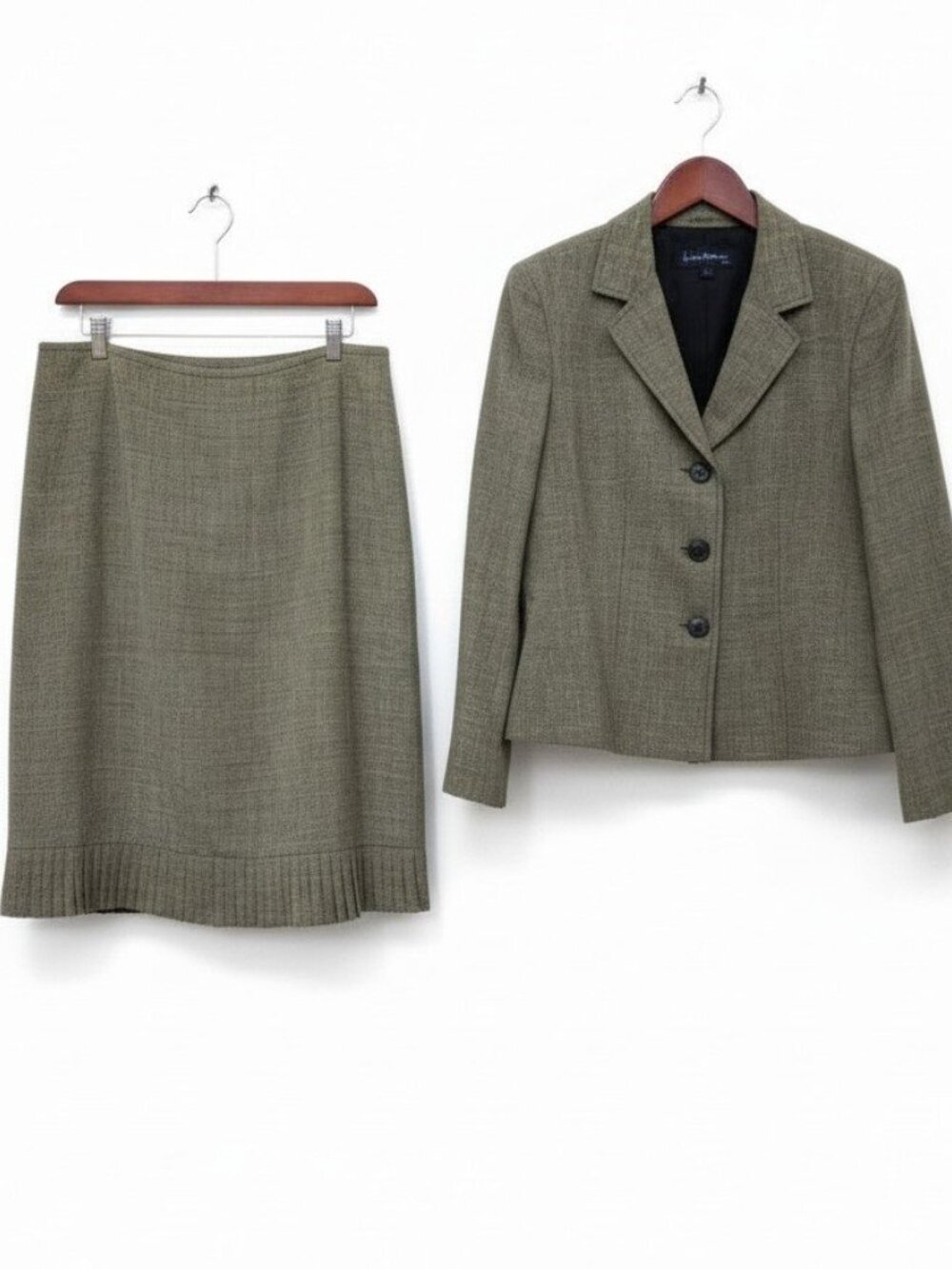 Evan Picone Olive Green Tailored Blazer and Pleated Hem Skirt Set. 16